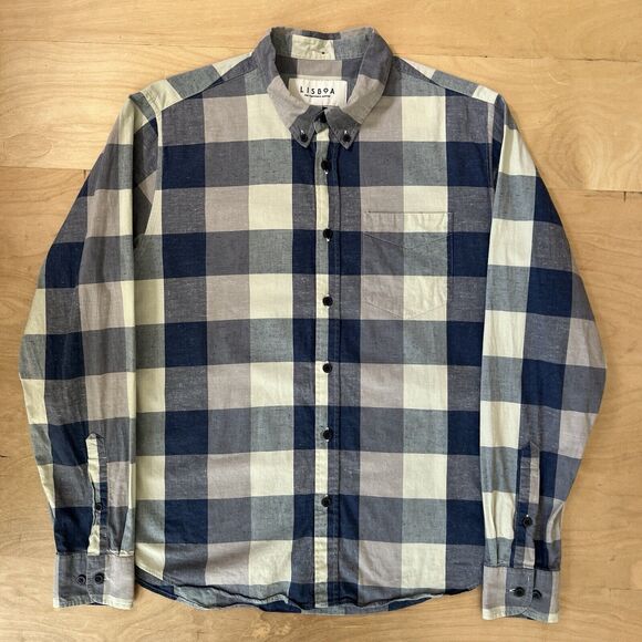 Lisboa Shirt Medium Blue Check Long Sleeve Button Up Oxford Made in Portugal - Picture 2 of 10